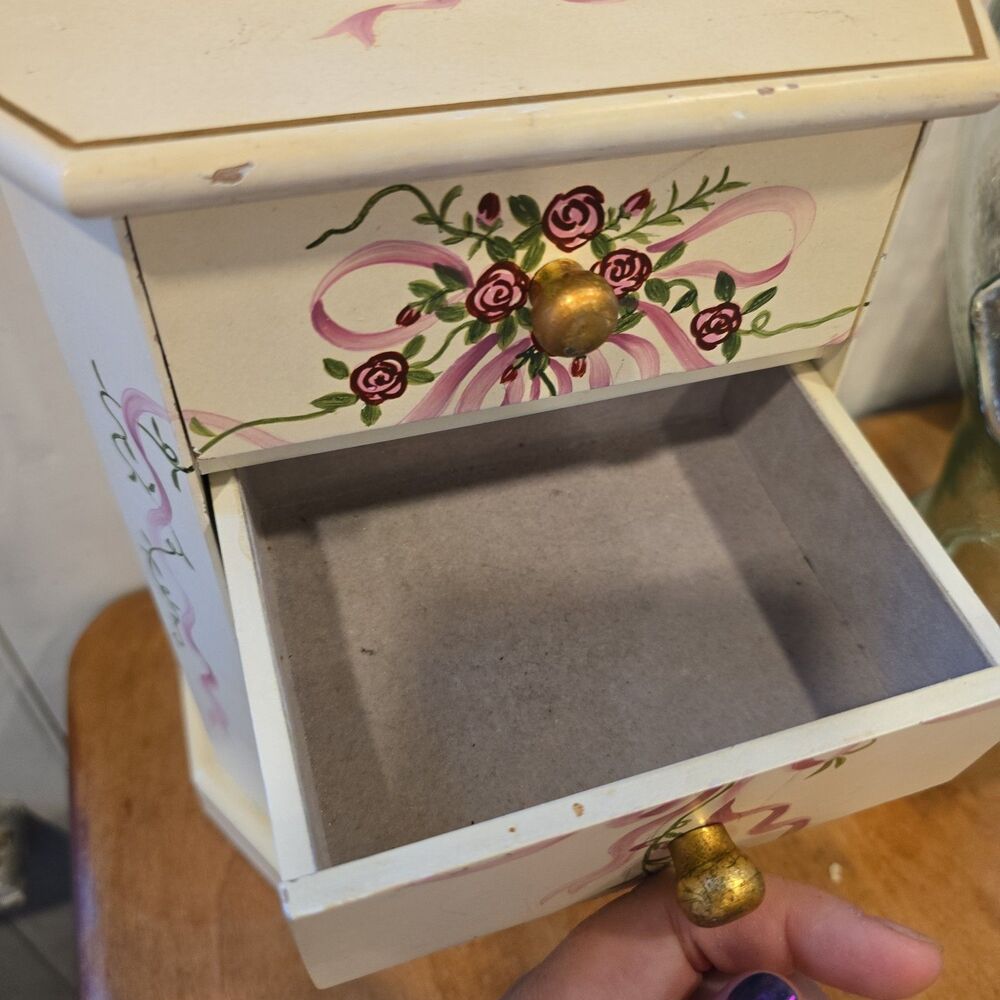 Vintage 4 Drawer Jewelry Box Roses & Ribbons Faux Wood Cottage Handpainted - Picture 5 of 10